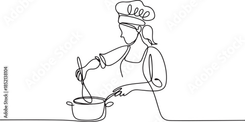 female continuous line cooking. female chef cooking line art. line drawing busy housewife cooking daily activities. one line Icon drawing