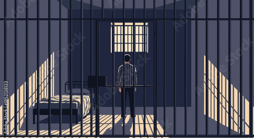 Prisoner in a striped uniform seen from behind bars, standing in a stark jail cell as sunlight streams through the window.