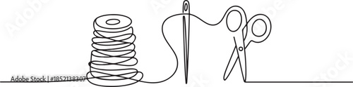 continuous line of needle, thread and scissors.one line drawing of clothing sewing equipment. single line vector illustration of boutique and clothing convection. one line Icon drawing