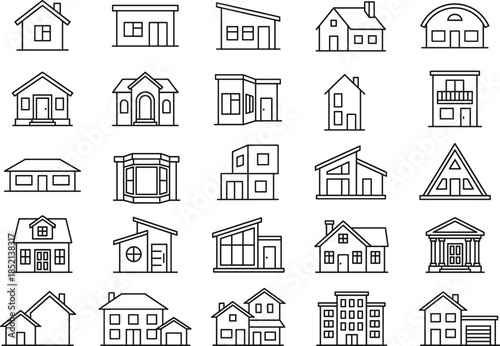 House and home outline icon set with residential building architecture property symbols isolated vector illustration design collection