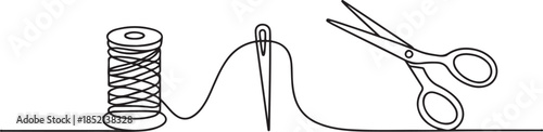 continuous line of needle, thread and scissors.one line drawing of clothing sewing equipment. single line vector illustration of boutique and clothing convection. one line Icon drawing