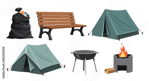 A collection of essential camping and outdoor recreation items, including tents, a barbecue grill, a campfire, a park bench, and a garbage bag for cleanup.