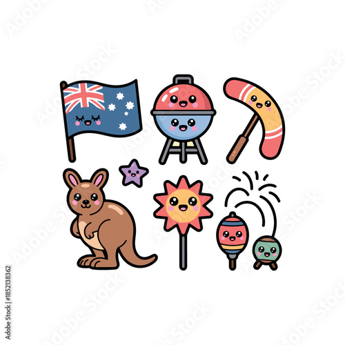 Adorable Australia Day Set  Rounded BBQ, Flag & Cartoon Friends  kawaii cute rounded icon set