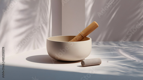 Minimalist white singing bowl with wooden mallet on a smooth surface, bathed in natural light casting palm frond shadows. Evokes tranquility, wellness, and meditation.