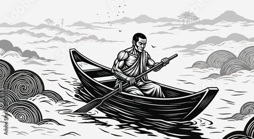 Man rowing boat with focus and determination on water.