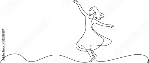 one continuous line drawing of woman dancing happily.one line drawing of dancing woman in dress clothes. single line vector illustration. one line Icon drawing