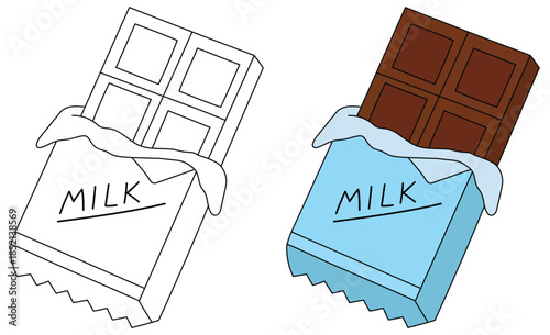 Milk chocolate vector illustration showing an unwrapped chocolate bar with a detailed brown portion beside a clean black and white outline version for creative confectionery projects
