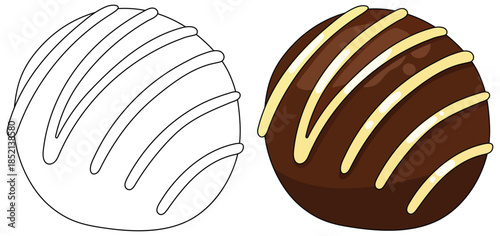 Chocolate truffle illustration featuring a smooth round candy coated in rich chocolate with decorative creamy drizzle and a matching black and white outline for creative food projects