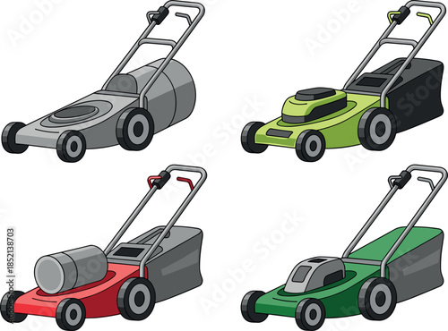 Lawn mower illustration set showing modern grass cutting machines in multiple colors for gardening landscaping and yard maintenance