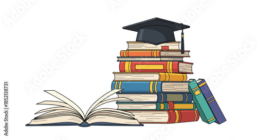 A graduation cap resting on a tall stack of books with an open book in the foreground, symbolizing education, academic achievement, and commencement.