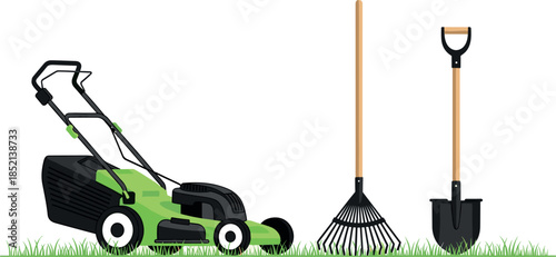 Garden lawn care tools illustration showing mower rake and shovel for landscaping yard maintenance and outdoor gardening work
