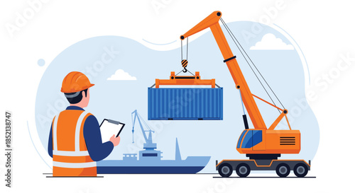 A port worker in safety gear supervises a large crane lifting a shipping container at a busy harbor, illustrating global logistics and freight transportation.