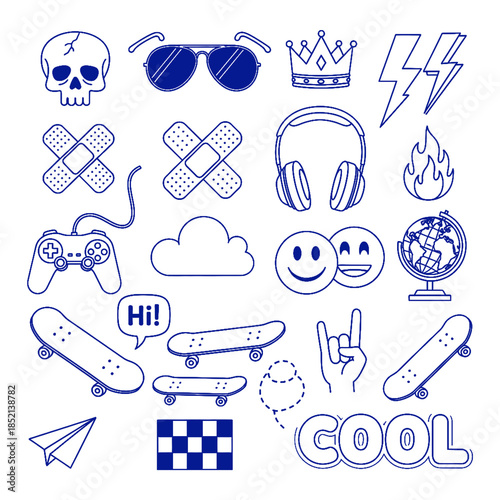 Collection of blue doodle icons on transparent background
