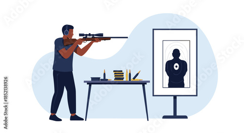 A focused man wearing hearing protection aims a sniper rifle with a scope at a silhouette target at an indoor shooting range, practicing his marksmanship.