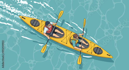 An aerial top-down view of two people paddling in a yellow tandem kayak across calm, clear blue water, enjoying a summer recreational activity together.