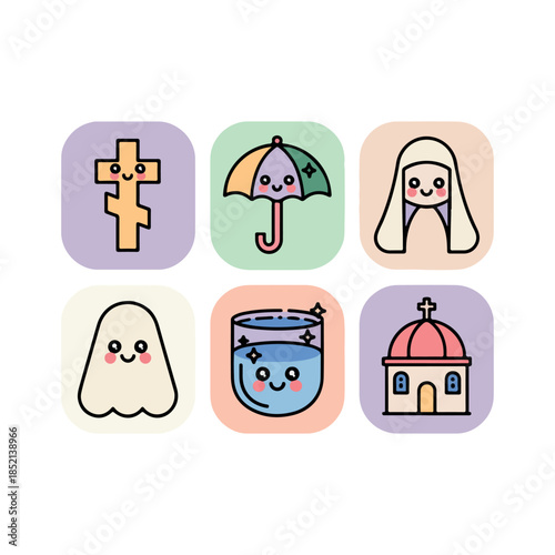Cute Ethiopian Epiphany Icons Priest Robe, Church & Pastel Smiles  kawaii cute rounded icon set