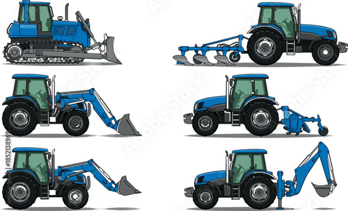 Blue tractor equipment set with bulldozer plow loader and excavator attachments for agriculture construction and industrial operations