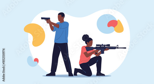 A man and a woman in tactical stances, holding a pistol and an assault rifle, representing shooting sports, self-defense training, or law enforcement.