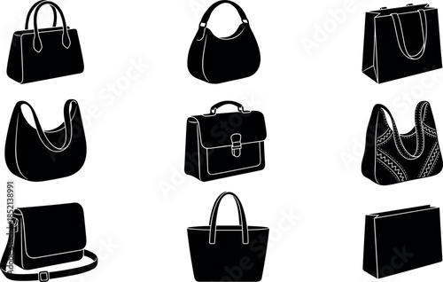 Handbag silhouette collection – tote, satchel, shoulder, crossbody styles – flavector
