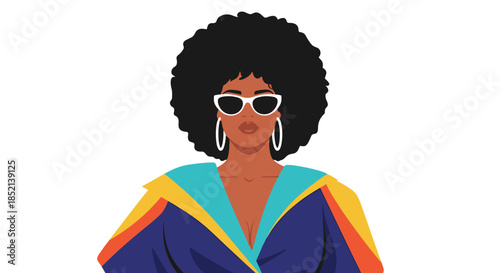 A stylish and confident Black woman with a large afro hairstyle, wearing chic sunglasses and hoop earrings, embodying a retro or disco-era fashion vibe.
