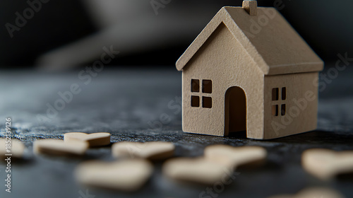 A miniature house made of cardboard sits amidst a collection of heart-shaped wooden pieces, evoking feelings of home, love, and cozy domesticity with its simple design.