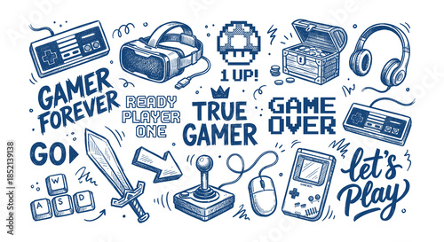 Detailed blue sketch art of gaming elements and slogans for gamer culture design
