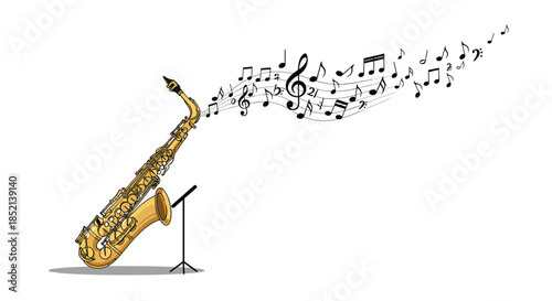 A golden saxophone rests on a stand with a beautiful melody represented by a flowing stream of musical notes, symbolizing jazz, blues, and live music.