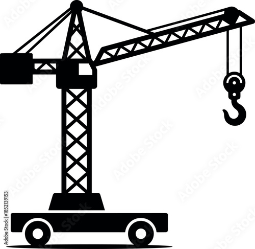 Mobile tower crane black silhouette icon showing lifting hook industrial construction machinery transport vehicle vector illustration