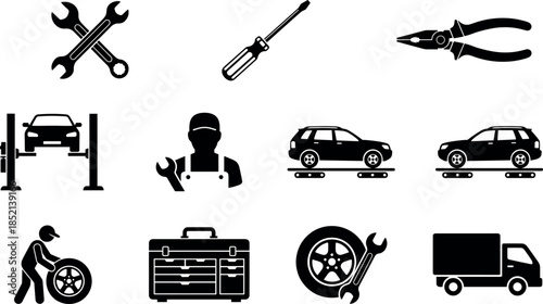 Car service and auto repair black silhouette icon set featuring mechanic tools vehicle lift maintenance symbols vector