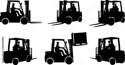 Forklift truck operator black silhouette icon set showing multiple working angles industrial warehouse logistics equipment vector