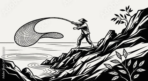 Fisherman casting net from rocky shore in traditional style.