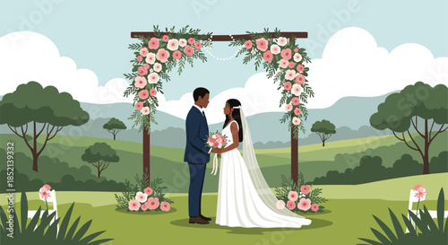 An African American bride and groom stand lovingly under a beautiful floral arch during their outdoor wedding ceremony in a picturesque natural landscape.