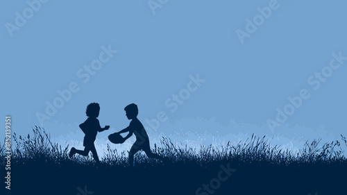 Silhouette of two children playing in a grassy field against a blue sky. Happy kids running outdoors, enjoying freedom and recreation.