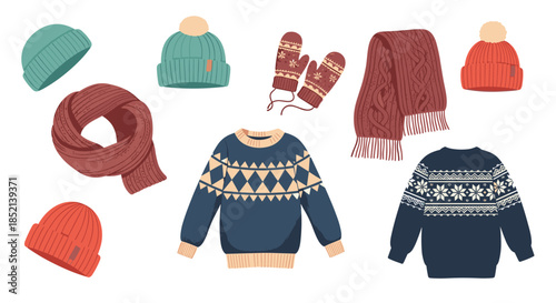 A cozy collection of warm knitted winter clothing, including patterned sweaters, cozy beanies, scarves, and mittens to stay warm in cold weather.