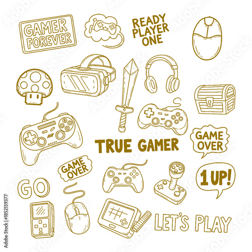 Outline vector set of gaming related doodles and slogans in a golden brown hue