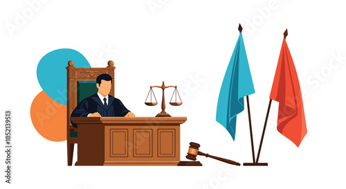 A judge in a robe sits at the bench in a courtroom with a gavel and scales of justice, presiding over a legal case to ensure a fair trial and verdict.