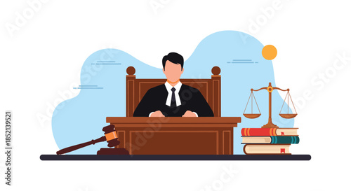 A judge sits behind the bench in a courtroom, accompanied by a gavel, scales of justice, and a stack of law books, representing the judicial system.