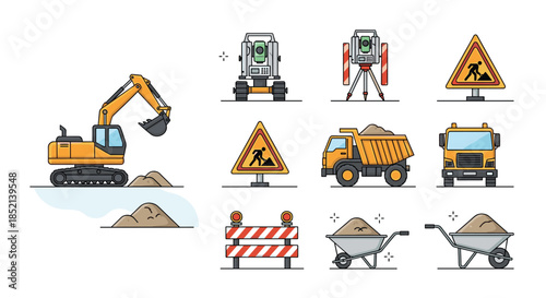 An icon set of road work and construction equipment, including an excavator, dump truck, warning signs, barriers, and land surveying instruments.