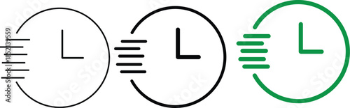clock speed progression icons showing time acceleration and fast delivery service concept with motion lines isolated on white background.