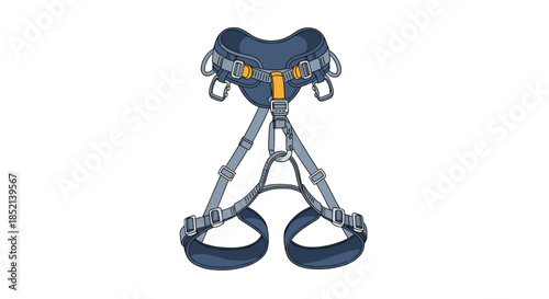 A detailed illustration of a modern safety harness, an essential piece of personal protective equipment for rock climbing, mountaineering, and working at heights.