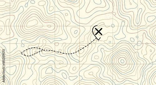 A dashed line route on a vintage topographic map leads to an X marking the spot, illustrating a journey, exploration, or a treasure hunt adventure.