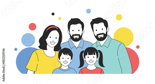 A portrait of a happy modern family with two fathers and their son and daughter, smiling together and representing LGBTQ parenthood and diversity.