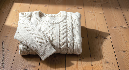 Wool sweater folded neatly on wooden floor with warm sunlight - Concept of winter, copy space  