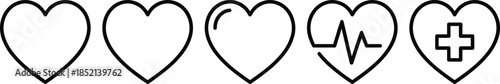 Minimal black heart icons set showing love heartbeat medical cross symbols for healthcare wellness design isolated vector illustration on white