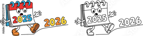 Cartoon 2025 Calendar Character Transitioning to 2026 New Year Vector Illustration