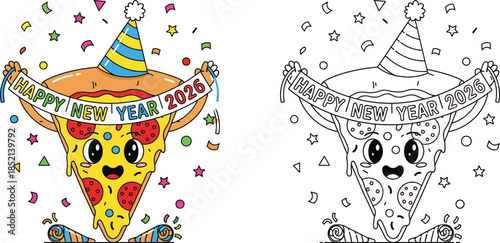 Cheerful Pizza Slice Celebrating Happy New Year 2026 with Party Hat and Banner Vector