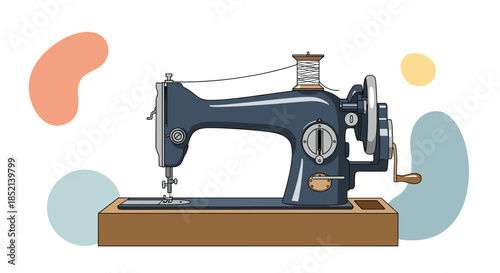 A classic vintage manual sewing machine with a wooden base, representing traditional tailoring, handmade crafts, and the art of dressmaking and fashion.