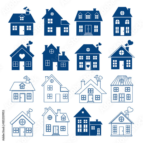 Set of blue house icons and illustrations with various styles