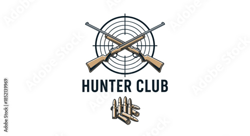 A hunting club logo featuring two crossed rifles over a target scope, with a pile of bullets below, representing marksmanship and outdoor sports.