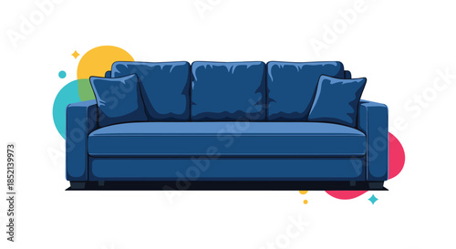 A comfortable blue three-seater sofa with plush cushions, presented in a modern flat design style against a backdrop of colorful, abstract circles.